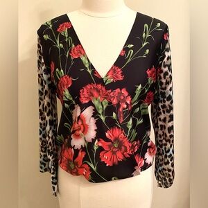 Aum Couture Black Red Floral Animal Print Long Sleeve Blouson Bohemian Top SZ S